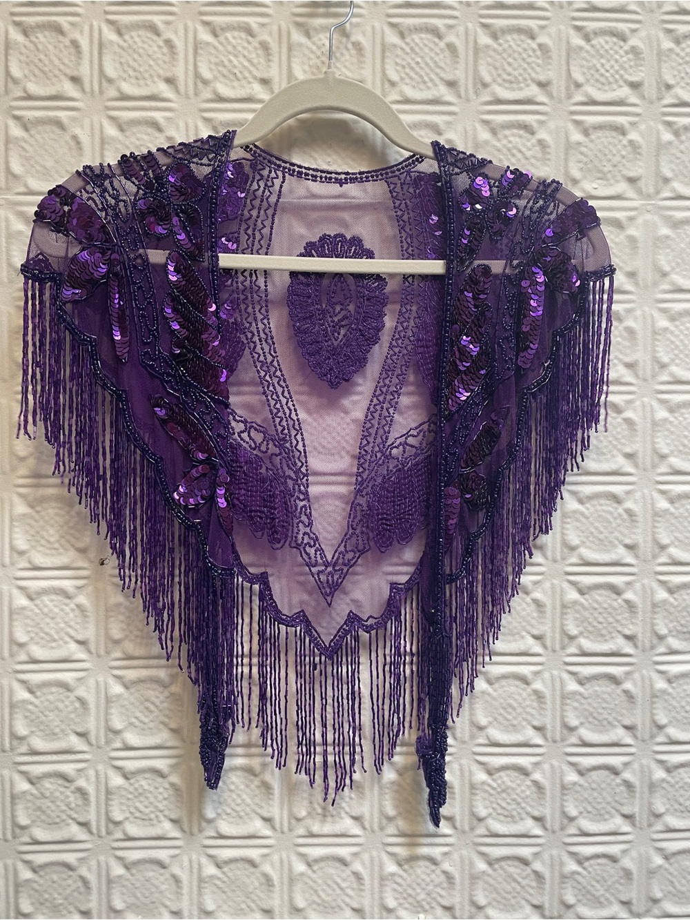 Vintage Purple Beaded Fringe Shawl